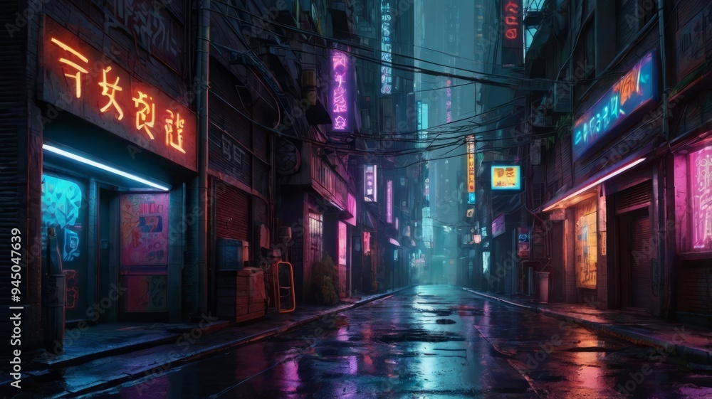 custom made wallpaper toronto digitalCyberpunk-Inspired Urban Street with Glistening Reflections of Neon Signs