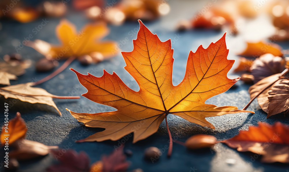 A vibrant maple leaf lies on a dark surface, surrounded by other fallen leaves A vibrant maple leaf lies on a dark surface, surrounded by other fallen leaves