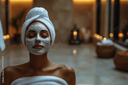 Portrait of a woman in a luxurious spa setting wrapped in a towel and applying a white facial mask embodying relaxation and self care in a serene indulgent environment photo