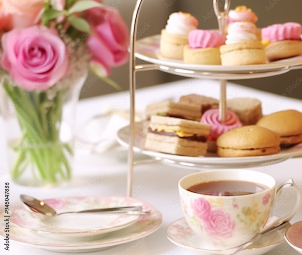 Afternoon tea, English tradition and restaurant service, tea cups, cakes, scones, sanwiches and desserts, holiday table decor and afternoon tea stand with pink flowers, post-processed, generative ai Afternoon tea, English tradition and restaurant service, tea cups, cakes, scones, sanwiches and desserts, holiday table decor and afternoon tea stand with pink flowers, post-processed, generative ai