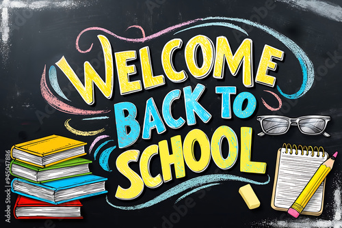 Welcome back to school text hand drawing on blackboard.
