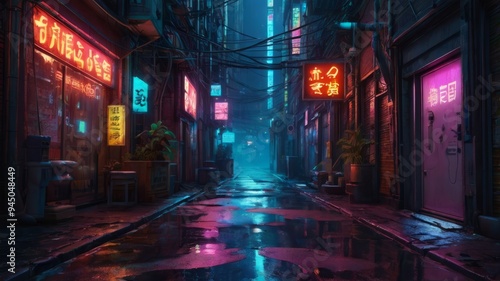 Cyberpunk-Inspired Urban Street with Glistening Reflections of Neon Signs