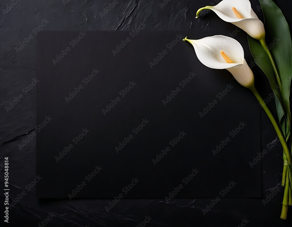 elegant white calla lily flowers on right side black empty paper on dark background.
Funeral condolence, card sympathy floral concept