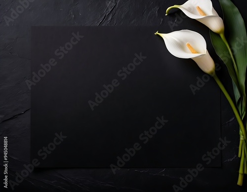 Obraz na płótnie elegant white calla lily flowers on right side black empty paper on dark background.
Funeral condolence, card sympathy floral concept w salonie