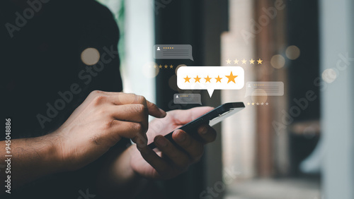 Foto Customer review satisfaction feedback survey concept, User give rating to service experience on online application, 5-star satisfaction, customer evaluation product service quality, good quality most