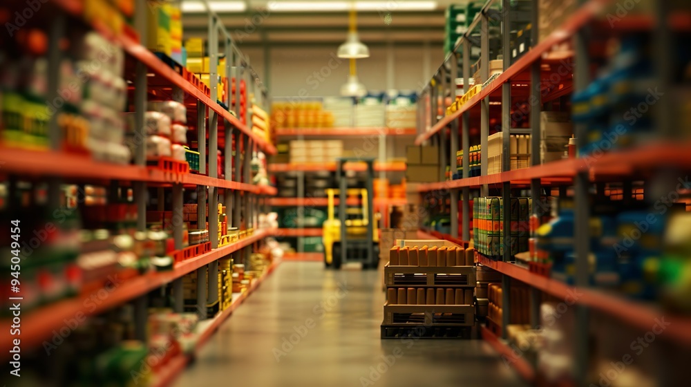 Naklejka premium A retail warehouse full of shelves with goods in cartons, with pallets and forklifts.