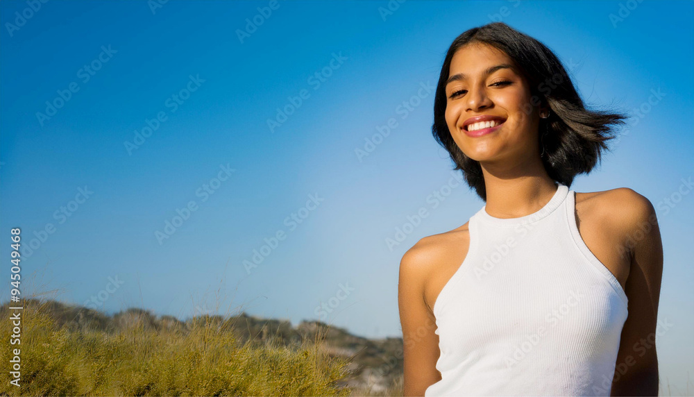 A refreshing and healthy portrait of a South Asian woman wearing a white tank top under a blue sky A refreshing and healthy portrait of a South Asian woman wearing a white tank top under a blue sky