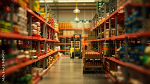 A retail warehouse full of shelves with goods in cartons, with pallets and forklifts.