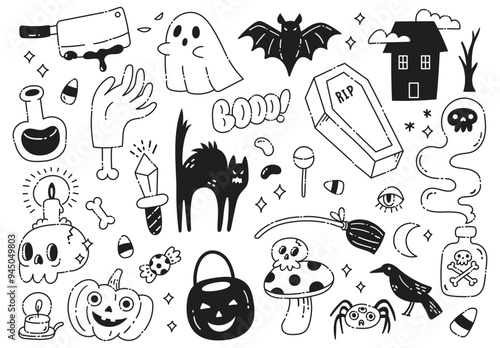 Hand-Drawn Halloween Doodles Collection | Spooky Line Art Illustrations Featuring Ghosts, Pumpkins, Black Cat, Coffin, and Witchcraft Symbols for Halloween Designs