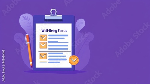 Clipboard showing a well-being focus checklist and pen on a purple background, emphasizing health and productivity.