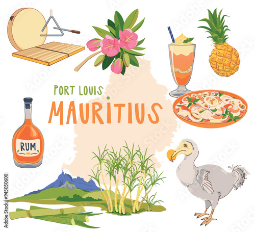 Mauritius map, landmarks of the island in flat style. Vector sugar cane, Peter mountain, endemic Dodo bird, trochetia boutoniana flowers, pineapple, falooda, millionaire salad, Sega music instruments.