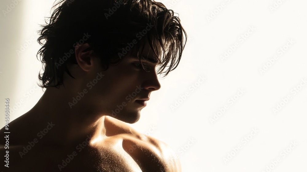 Hyper-Realistic Portrait of Muscular Young Man in Shadow against White Background Hyper-Realistic Portrait of Muscular Young Man in Shadow against White Background