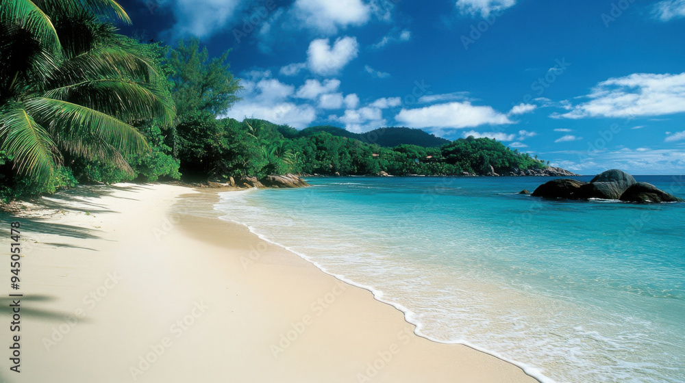 Perfect Seychelles beach with fine white sand, clear waters, and lush palm trees providing