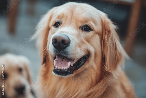 Close up portrait of a golden retriever smiling with joy symbolizing the pure happiness and companionship that dogs bring into our lives in a warm joyful setting