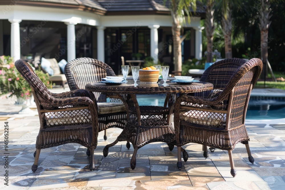 Fototapeta premium Five-piece dark brown wicker outdoor dining set with octagonal table, perfect for summer gatherings by the pool or patio