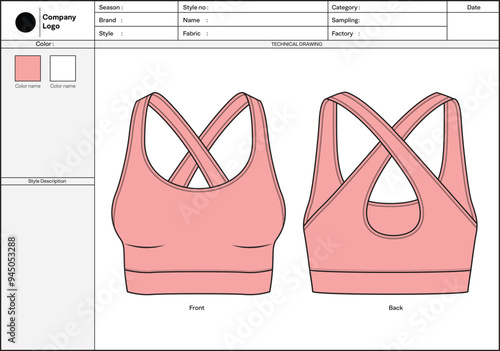 Tech pack flat drawing Sports bra (Pink)