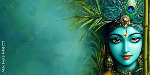 Happy Krishna Janmashtami, Krishna with Lord Krishna with Peacock Feather and Flute. Greeting Card, Banner with Copyspace photo