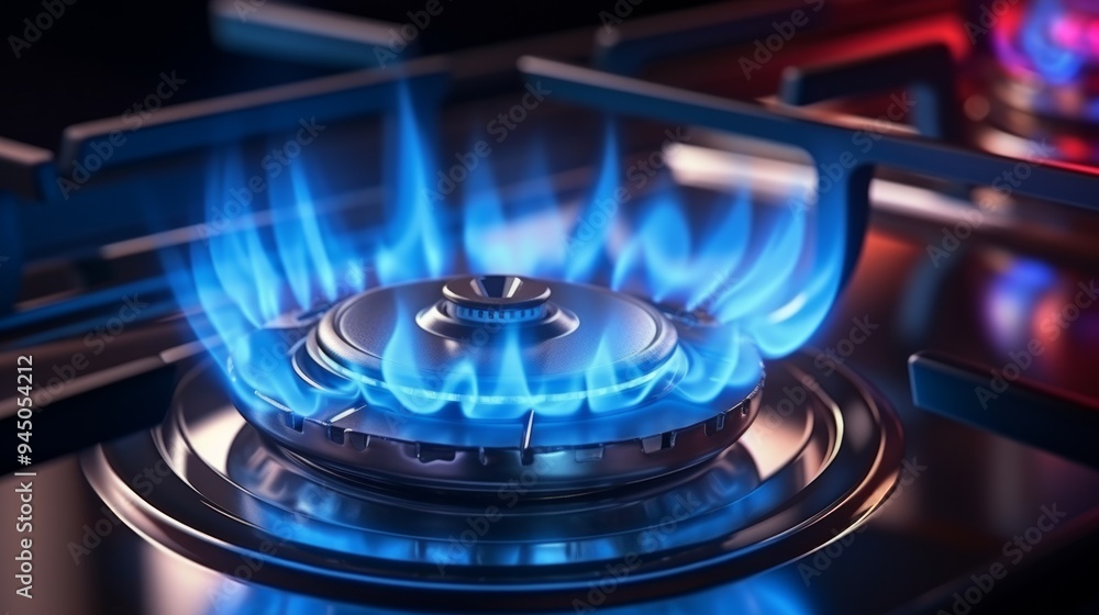 Burning gas flame on gas stove with blurred background. Neural network ai generated art Burning gas flame on gas stove with blurred background. Neural network ai generated art