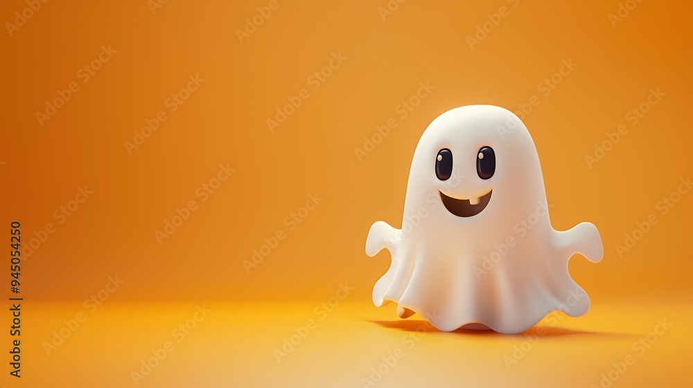 A cute, cartoonish ghost character with a friendly expression against an orange background. A cute, cartoonish ghost character with a friendly expression against an orange background.