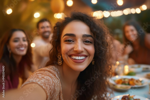 happy Indian friends taking a selfie at a dining table with food on it. People are sitting around the round dinner table and laughing.