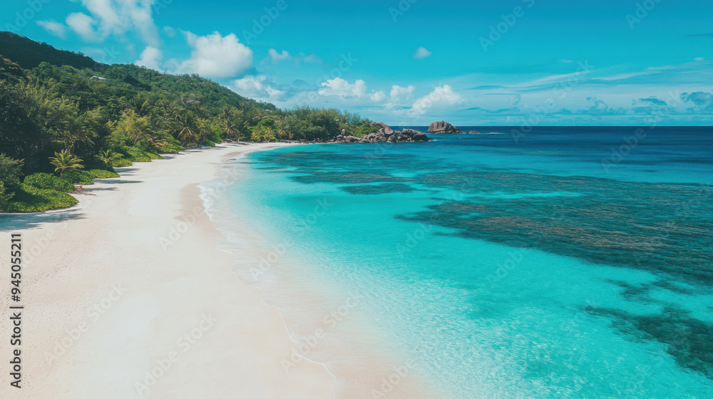 Pristine white sandy beach in Seychelles with crystal clear turquoise waters stretching far Pristine white sandy beach in Seychelles with crystal clear turquoise waters stretching far