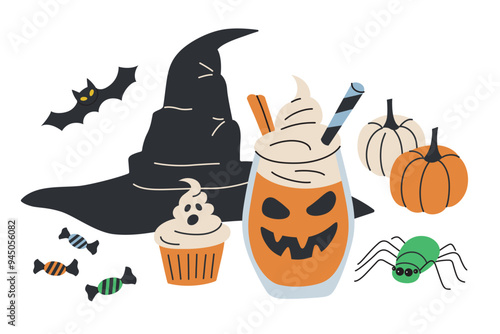Vector illustration set of Halloween themed elements, composition with witch hat, Jack-o-lantern cocktail, candies, spooky cupcake. Cartoon collection for festive decorations and party designs