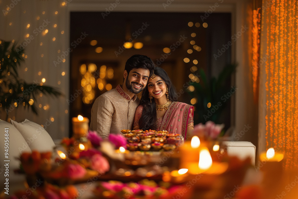 Indian couple celebrating diwali festival Indian couple celebrating diwali festival