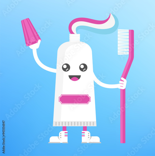 Cute happy toothpaste holding toothbrush. Dental health photo