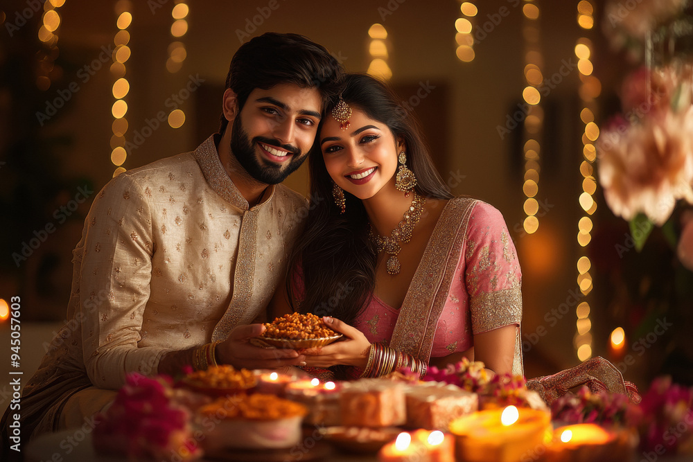Indian couple celebrating diwali festival Indian couple celebrating diwali festival