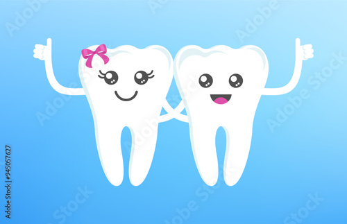 Cute clean happy teeth hug each other. Dental health