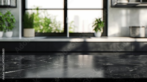 empty black marble counter blur bokeh kitchen interior background in clean and bright.