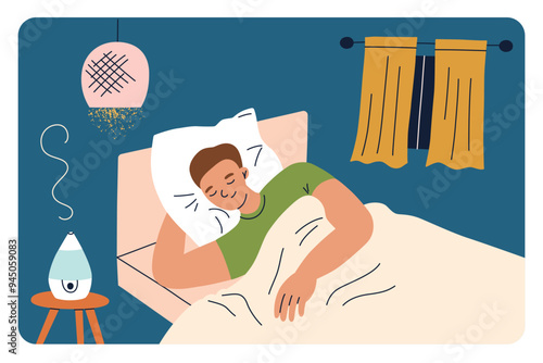 Sleeping man vector illustration, flat cartoon scene of cozy bedroom with humidifier on nightstand. The serene home interior, night light and curtains, relaxing atmosphere, healthy sleep environment