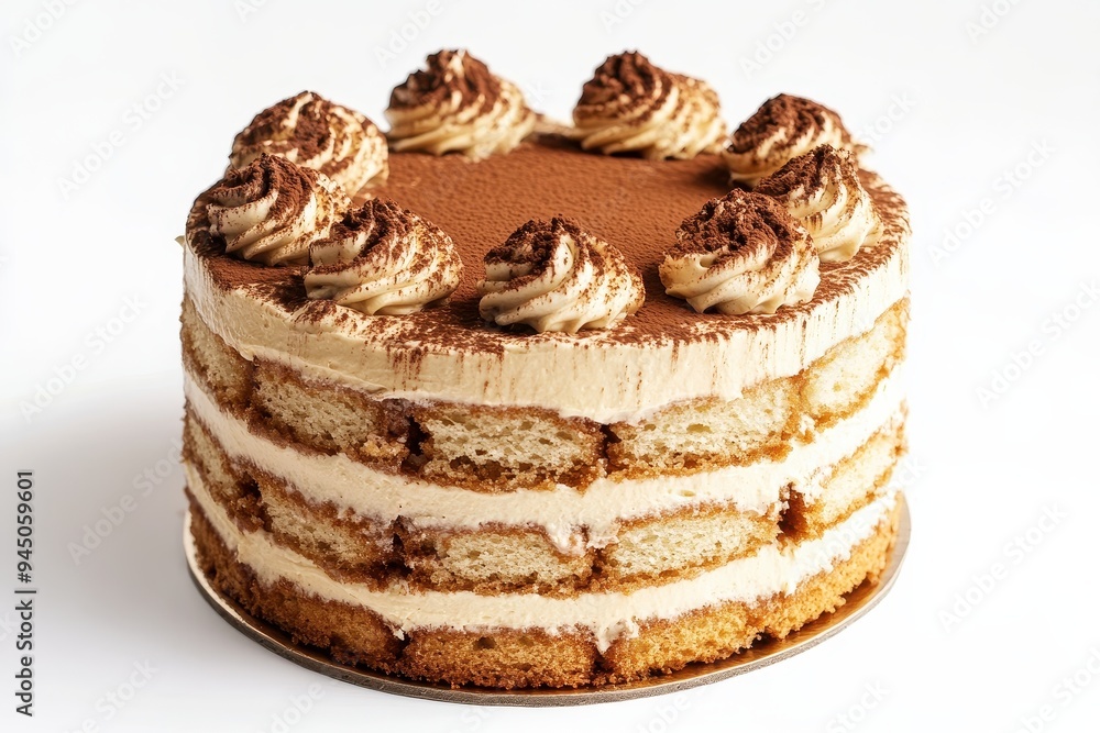 A delicious layered cake topped with cream and cocoa powder, perfect for celebrations. A delicious layered cake topped with cream and cocoa powder, perfect for celebrations.