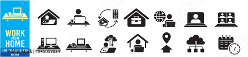Working from home, remote work, icon set. 