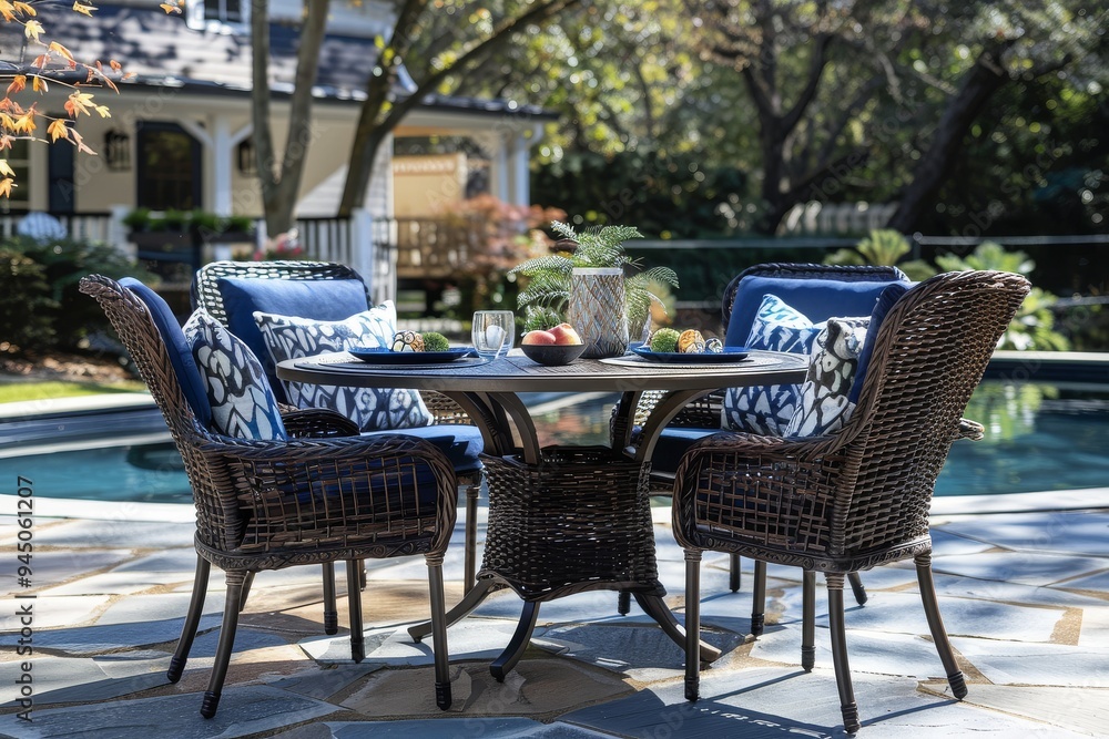 Five-piece dark brown wicker outdoor dining set with blue pillows by poolside, featuring octagonal table and armchairs Five-piece dark brown wicker outdoor dining set with blue pillows by poolside, featuring octagonal table and armchairs