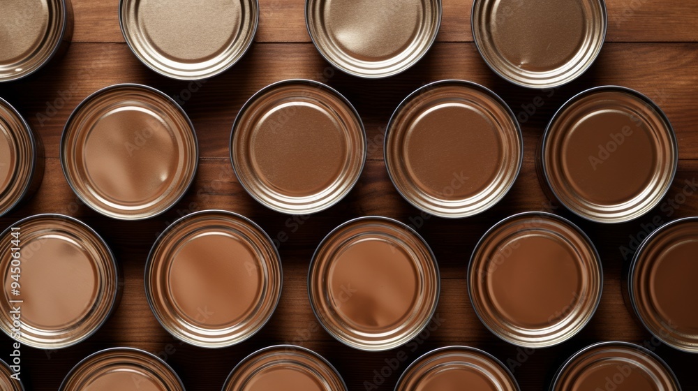 Many closed tin cans on brown table, flat lay. Neural network ai generated art Many closed tin cans on brown table, flat lay. Neural network ai generated art
