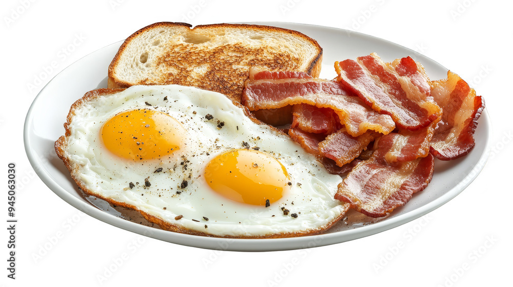 Delicious Fried Eggs Crispy Bacon and Toasted Bread for Breakfast Delicious Fried Eggs Crispy Bacon and Toasted Bread for Breakfast