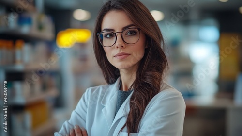 A woman wearing a white lab coat and glasses stands in front of a pharmacy