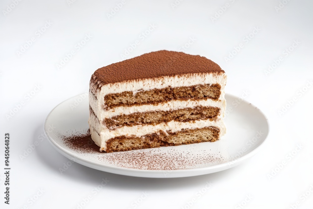 A slice of tiramisu on a plate, showcasing layers and dusting of cocoa powder. A slice of tiramisu on a plate, showcasing layers and dusting of cocoa powder.
