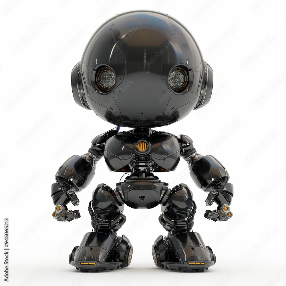 A black, shiny, robotic character with big eyes and a round head stands on a white background. A black, shiny, robotic character with big eyes and a round head stands on a white background.