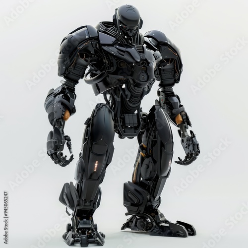 A black, futuristic robot stands in a white studio. Its body is made of sleek, angular panels with visible mechanical joints.