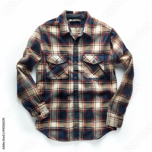 A blue, white and red plaid flannel shirt with a button-up closure and two chest pockets, laid flat on a white background. photo