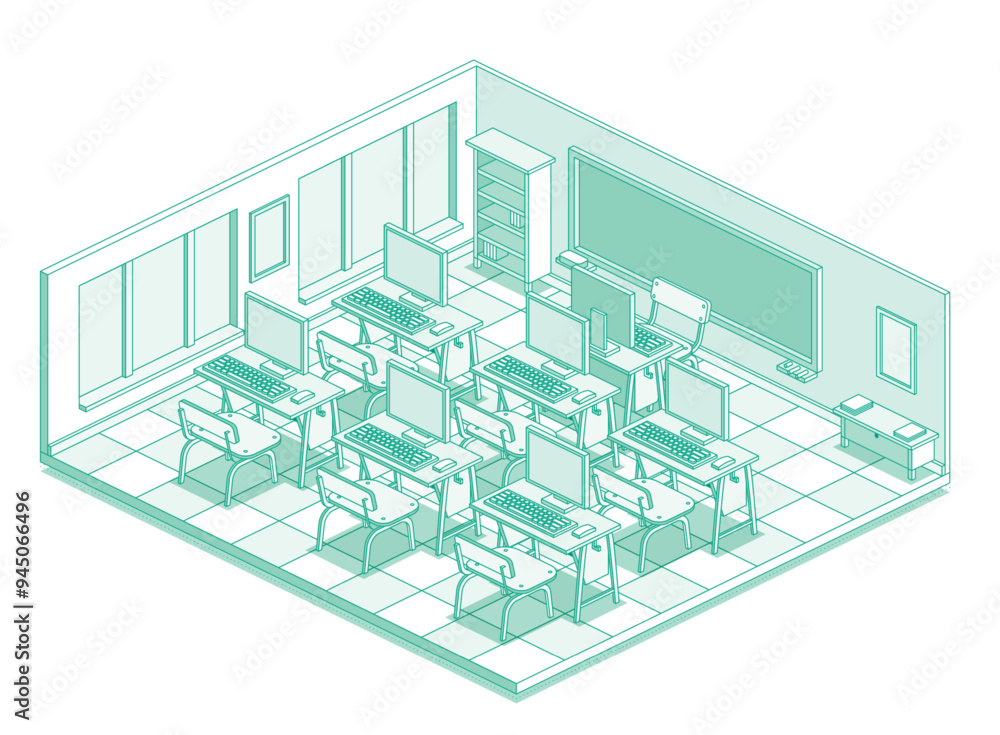 Isometric empty computer classroom in school. Outline style with green lines. Room with desk tables, chairs, monitors and keyboards. Workspace with windows. Isometric empty computer classroom in school. Outline style with green lines. Room with desk tables, chairs, monitors and keyboards. Workspace with windows.