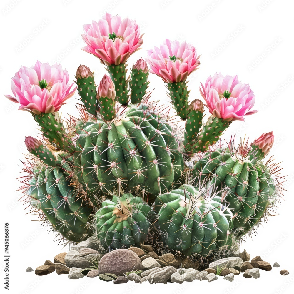 A cluster of blooming pink cactus flowers with green prickly stems and small rocks at the base. A cluster of blooming pink cactus flowers with green prickly stems and small rocks at the base.