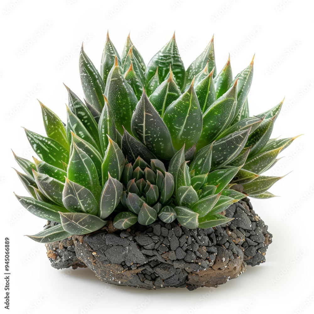 A close-up of a succulent plant with green leaves and black speckled texture, sitting on a rock-like surface against a white background. A close-up of a succulent plant with green leaves and black speckled texture, sitting on a rock-like surface against a white background.