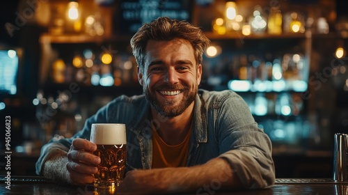 A man is sitting at a bar with a glass of beer in his hand