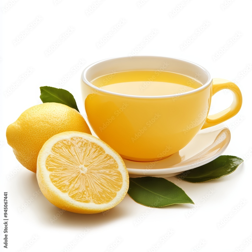 A cup of lemon tea with lemons and leaves on a white background. A cup of lemon tea with lemons and leaves on a white background.