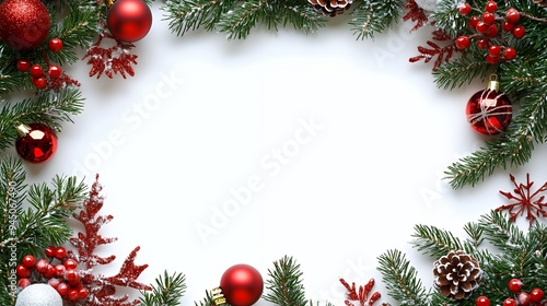 A festive border of Christmas decorations with pine branches, ornaments, and cones.