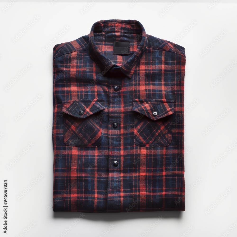 A folded red and blue plaid flannel shirt on a white background. A folded red and blue plaid flannel shirt on a white background.