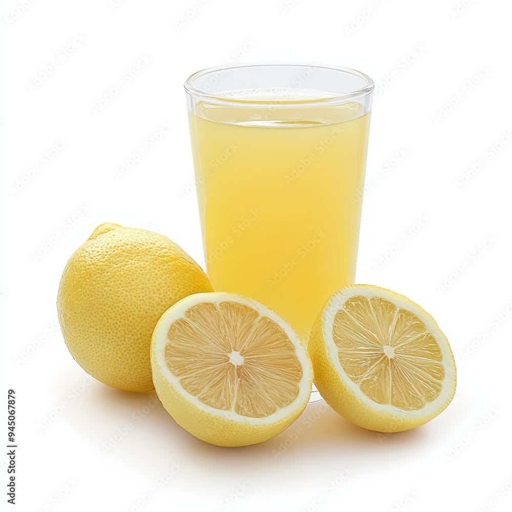 A glass of fresh lemon juice with two whole lemons and one sliced in half. A glass of fresh lemon juice with two whole lemons and one sliced in half.